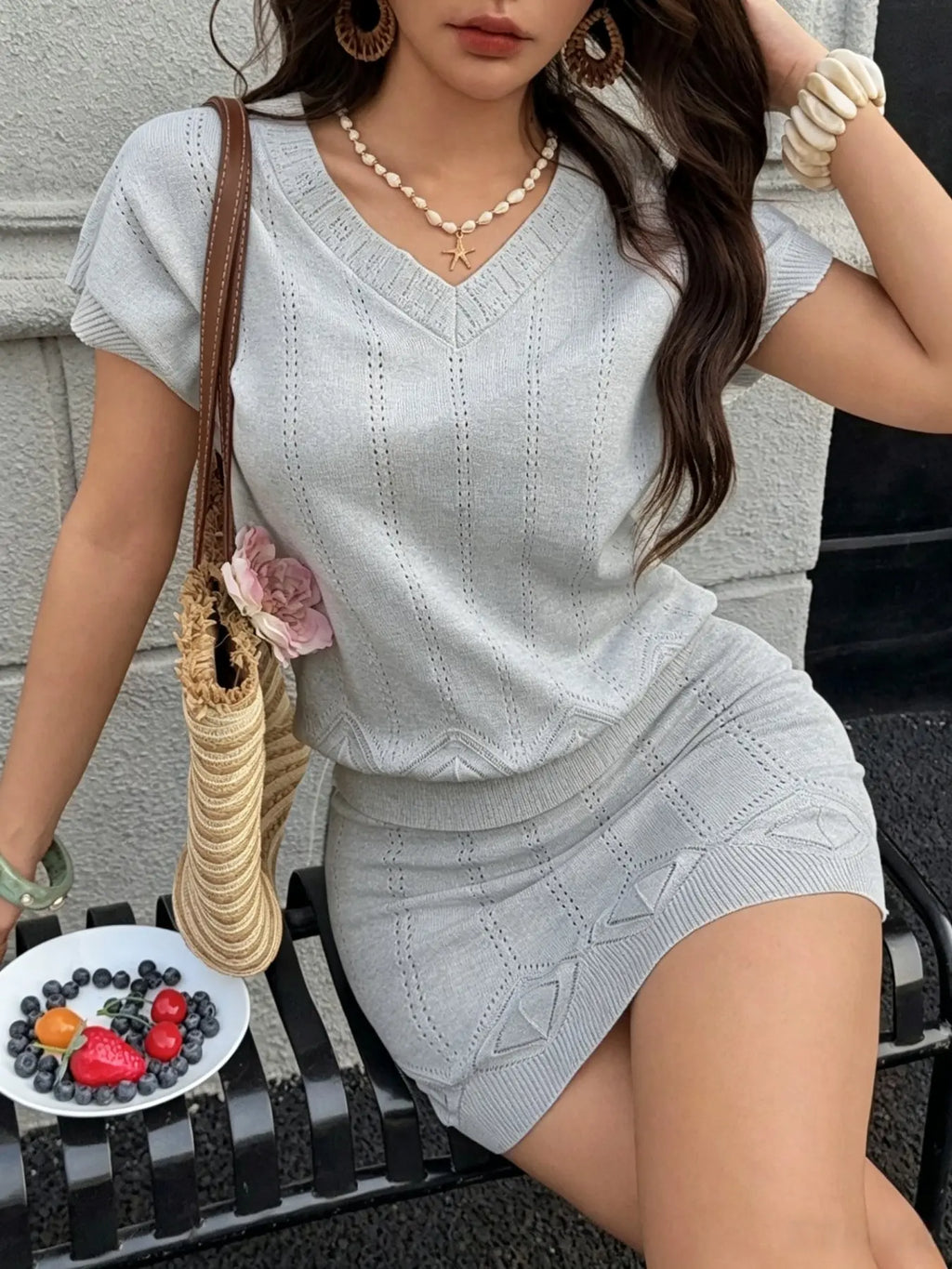 Two-Piece Women's Summer Clothes Set, V-Neck Hollow Out Cutout Top, Short A-Line Skirt, Slim Fit, Casual Elegant Chic Style, Knitwear for Vacation, Skirt And Top Set