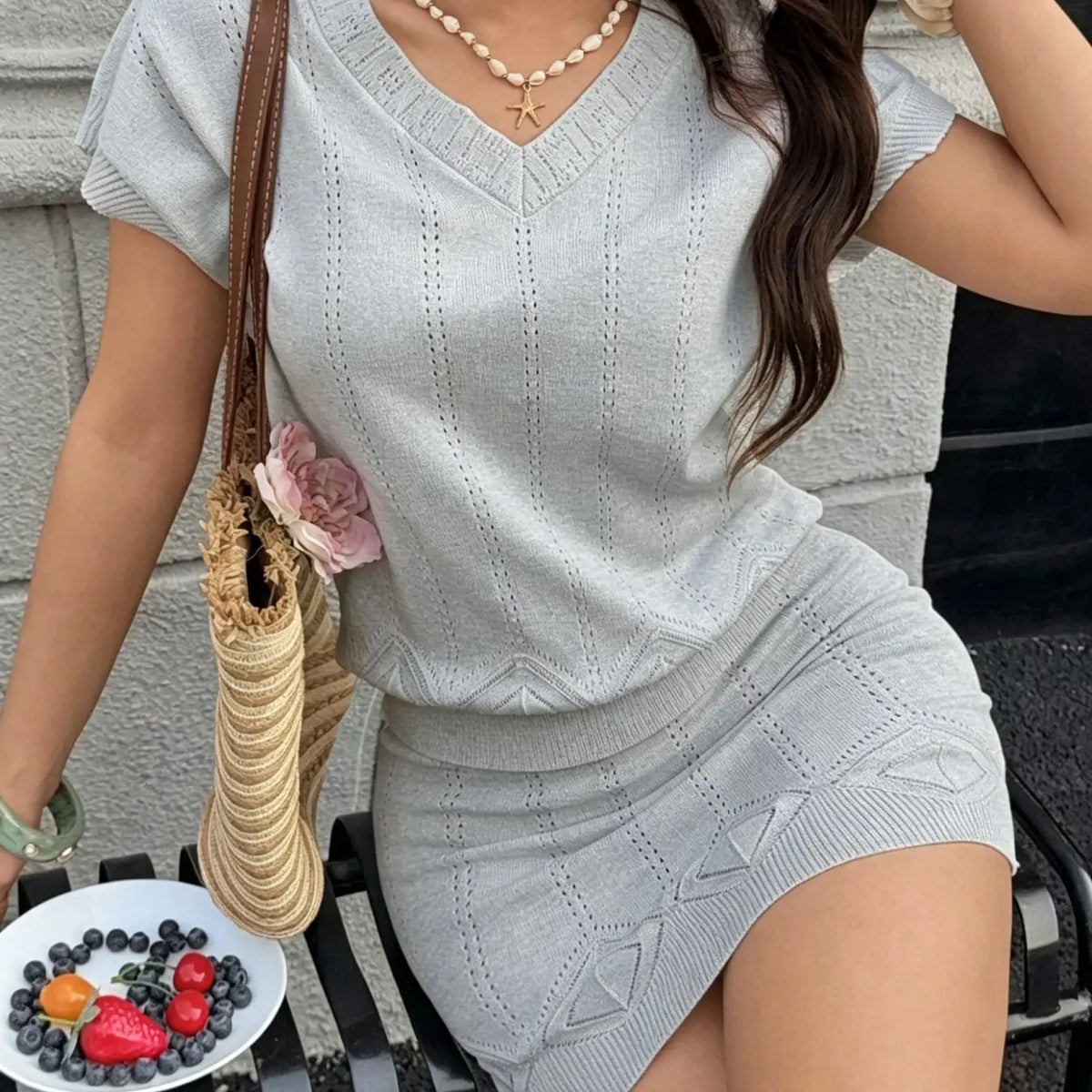 Two-Piece Women's Summer Clothes Set, V-Neck Hollow Out Cutout Top, Short A-Line Skirt, Slim Fit, Casual Elegant Chic Style, Knitwear for Vacation, Skirt And Top Set