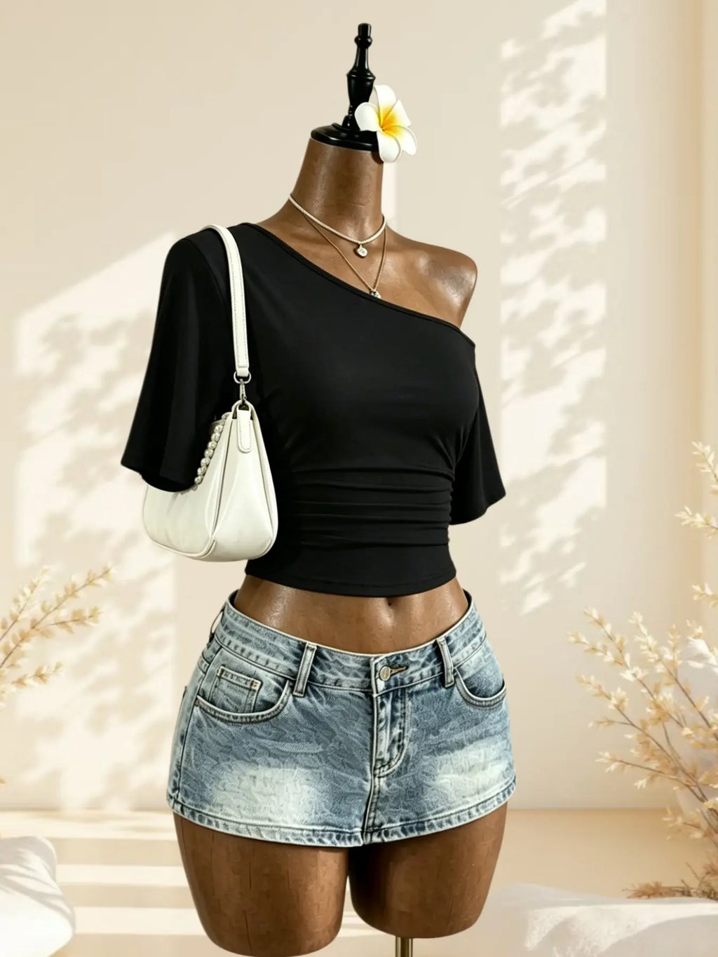 Sweet Cool Girl Casual Cute Summer Asymmetrical Shoulder Pleated Short Sleeve Top, Polka Dot Design Slim Fit Casual T-Shirt for Women