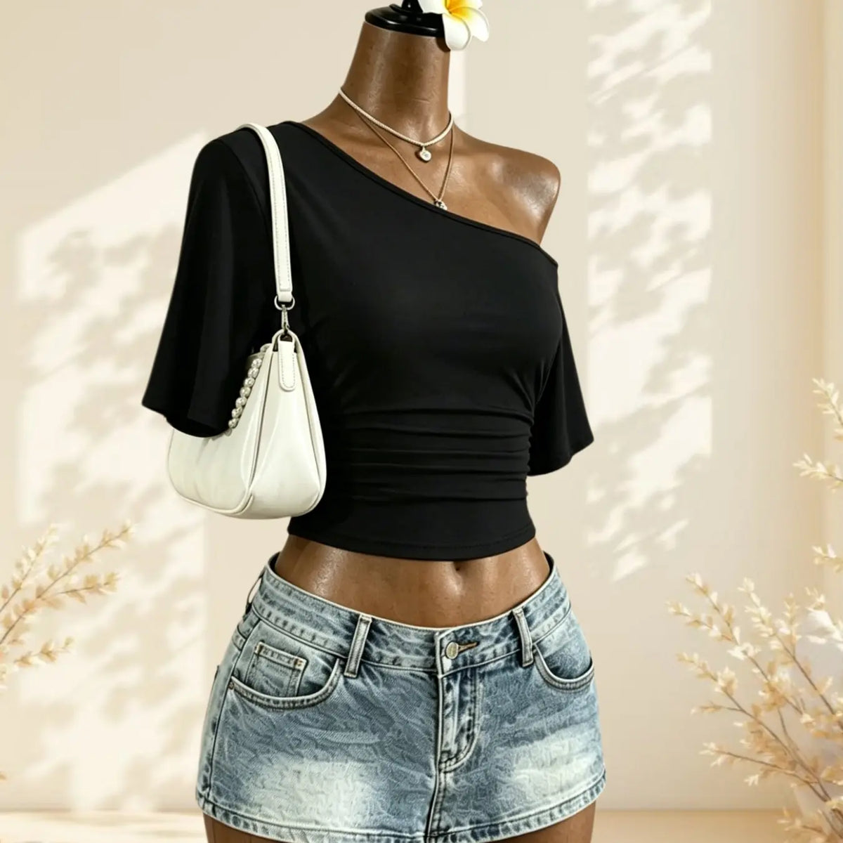 Sweet Cool Girl Casual Cute Summer Asymmetrical Shoulder Pleated Short Sleeve Top, Polka Dot Design Slim Fit Casual T-Shirt for Women