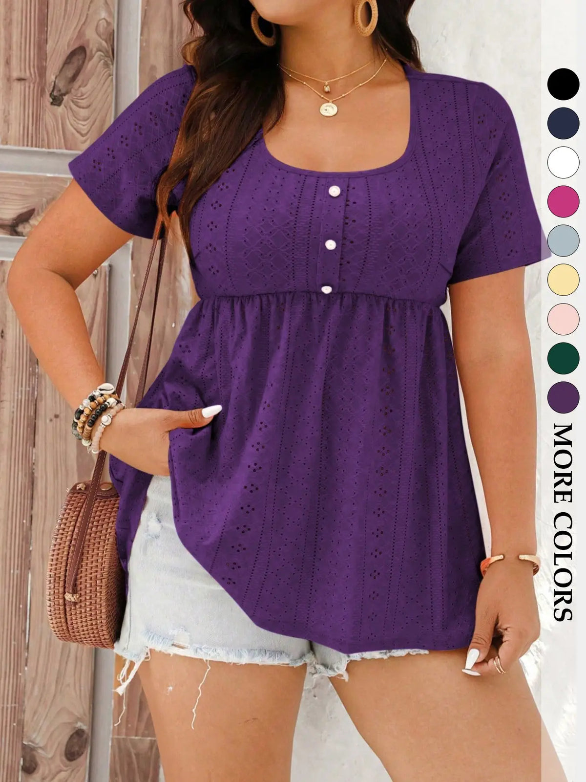 Women's Plus Size Babydoll Eyelet Peplum Top, Shirts, Boho Clothing, Short Sleeve Scoop Neck Pearl Button Casual Chic Bohemian Blouse, Flowy Tummy Control Fit Boho Summer Style