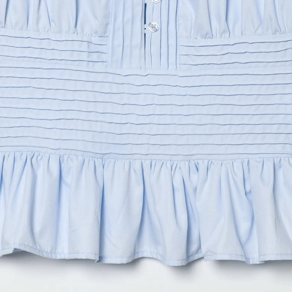 Women's Light Blue Puff Sleeve Peplum Blouse, Front Button Detail, Pleated Chest, Elastic Waist, Ruffled Hem, Soft Breathable Fabric, Coquette Aesthetic, Casual Elegant Ruffle, Slim Fit for Casual Daily Wear and Office, Casual Shirts, Button Closure Top