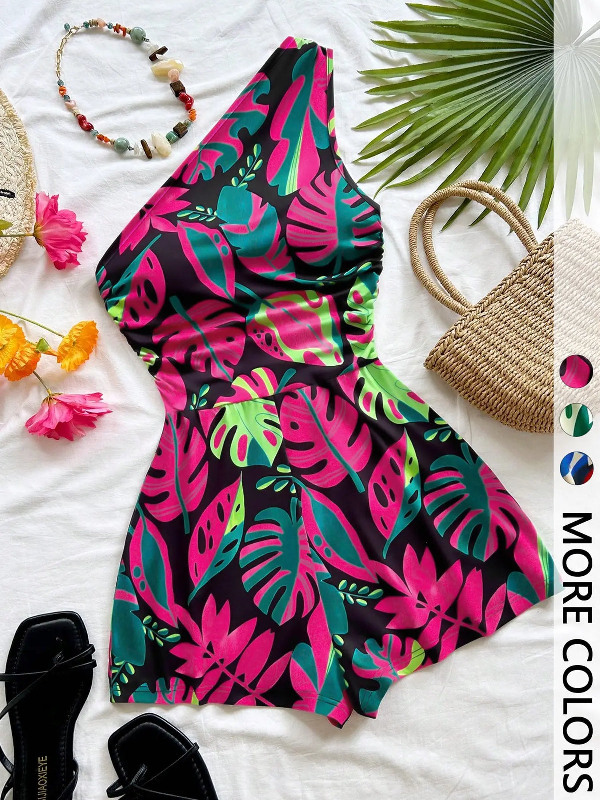 Women's Multicolor Tropical Print One-Shoulder Short Romper, Elastic Waist, Stylish Summer Beach Casual Wear