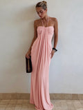 Women's Solid Color Ruched Bodycon Halter Dress, Sexy Sleeveless Strapless Backless Plicated Slim Fit Tube Dress, Party Club Date Evening Gown Formal Dress, Elegant Casual Daily Maxi Long Dresses For Ladies All Seasons Summer Fashion Clothes Wear