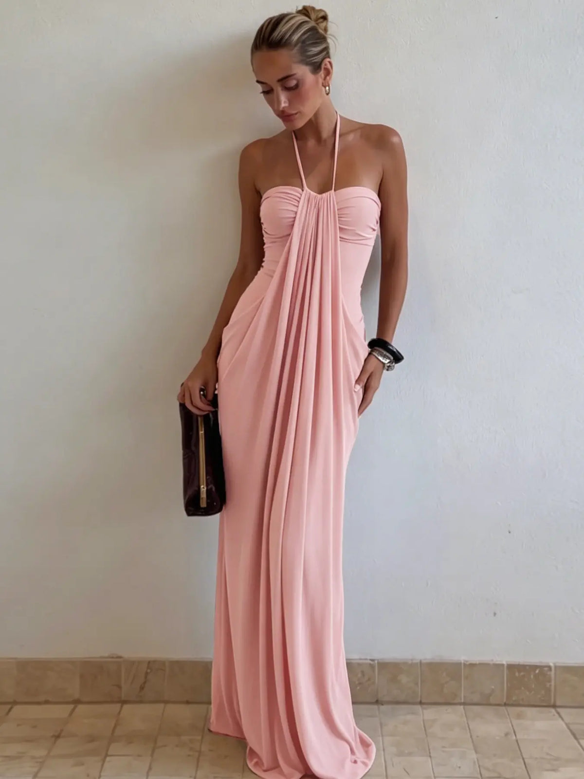 Women's Solid Color Ruched Bodycon Halter Dress, Sexy Sleeveless Strapless Backless Plicated Slim Fit Tube Dress, Party Club Date Evening Gown Formal Dress, Elegant Casual Daily Maxi Long Dresses For Ladies All Seasons Summer Fashion Clothes Wear