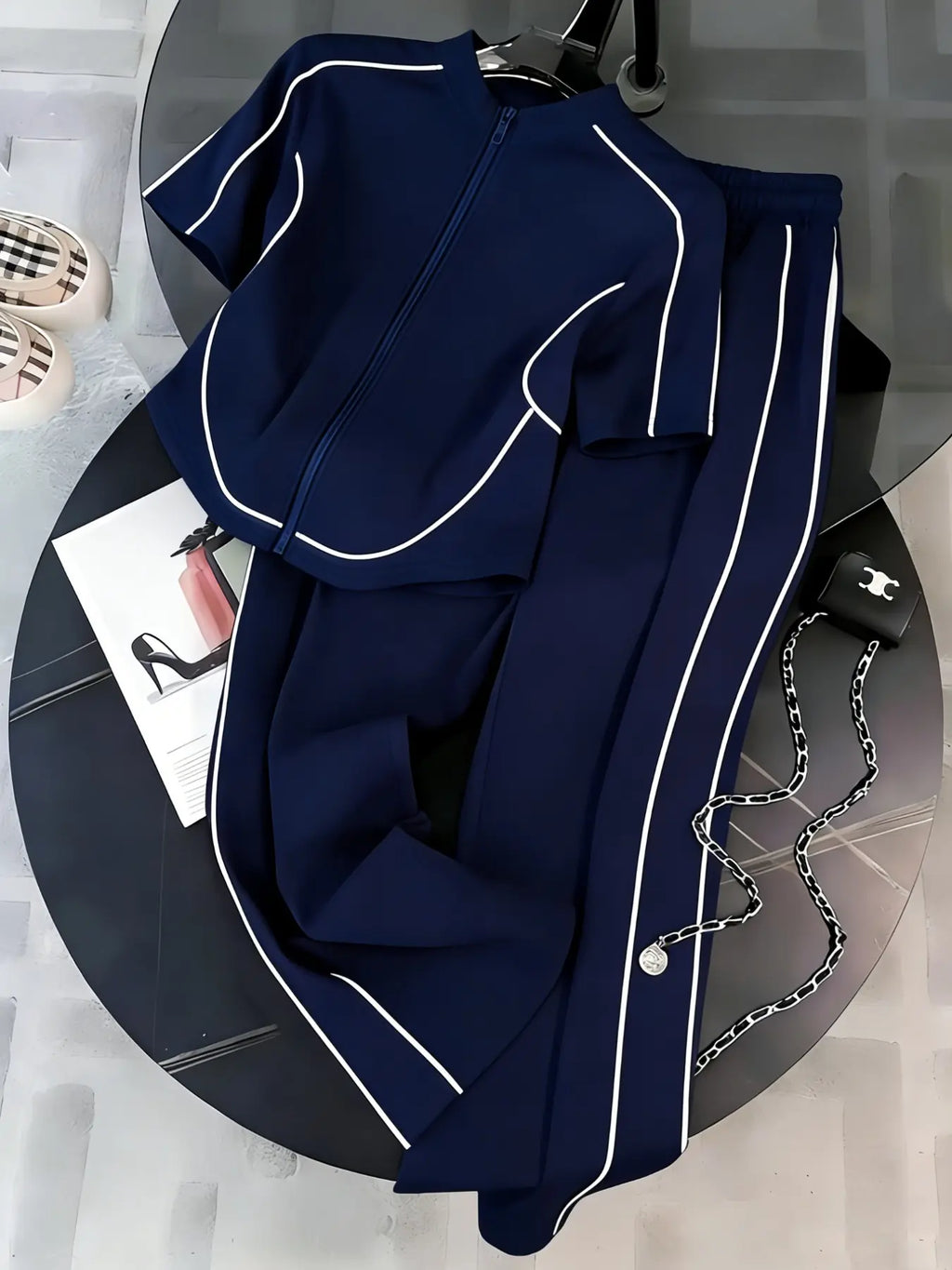 Women's Spring Summer Casual Set Two-Piece Slim Fit Zipper Top & Long Pants, Perfect for Daily Wear, Outdoor, Formal & Casual Suits, Clothing Sets