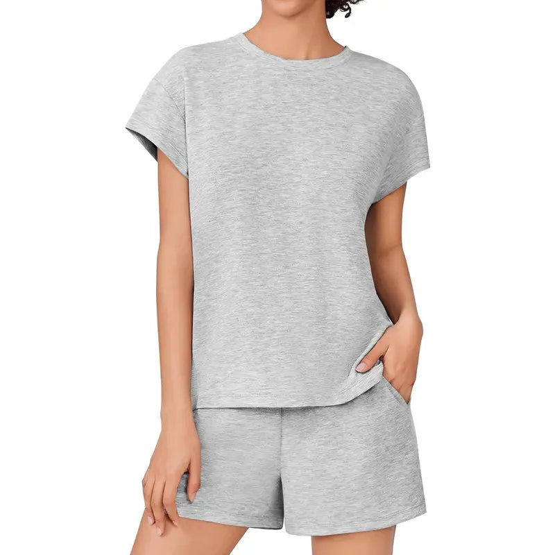 PINSPARK Women's 2-Piece Matching Set - Summer Crewneck Top, Drawstring Shorts with Pockets, Soft Fabric, Casual Travel Outfits, 2026 Trendy Sports & Outdoor Lounge Wear
