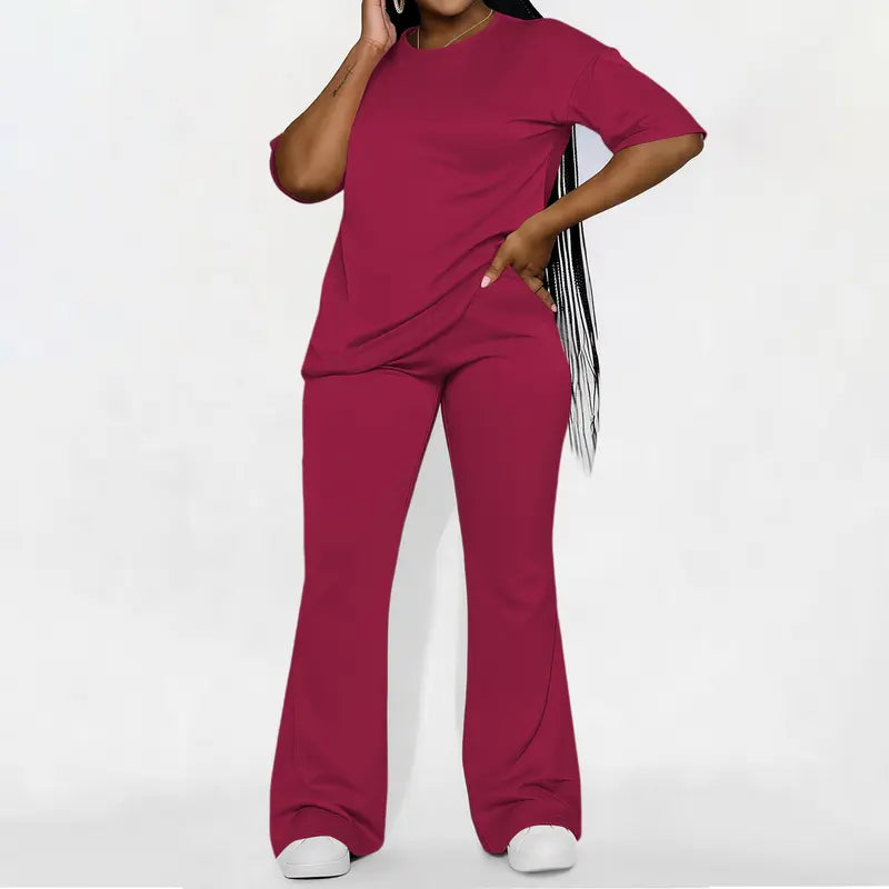 Women's Solid Drop Shoulder 2-Piece Set - Half Sleeve Crewneck (Round Neck) Fitted Minimalist Tee & Pants, Casual Cozy Womenswear for Daily Outdoor Fall Wear, Casual Women's Set Suits Basic Shortsleeve Clothes, Matching Sets, Stylish Women's Wear