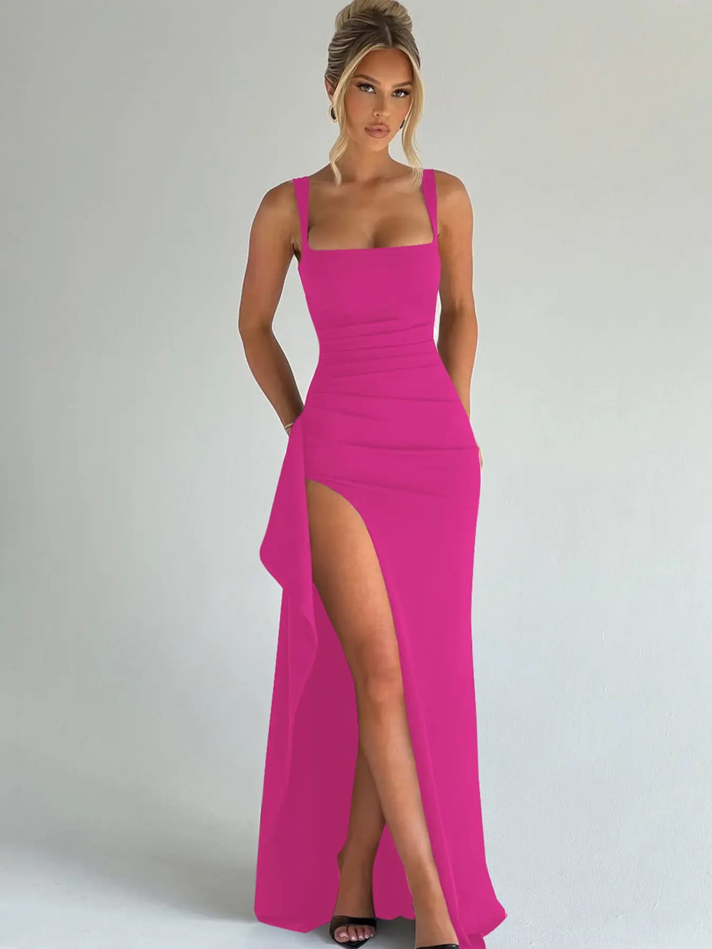 Women's Solid Color Pleated Ruched Side High Slit Sleeveless Knit Fabric Bodycon Fit Dress, Sexy Backless Square Neck Formal Dress, Evening Gown for Parties, Clubs and Dates, Elegant Classy Long Dress for All-Season Daily Wear, Evening Glam Gown
