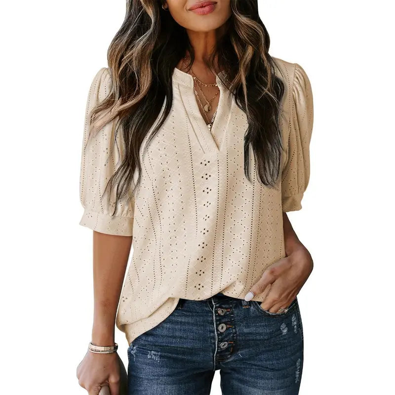 Dokotoo Women's Summer Business Casual Blouses V Neck Short Sleeve Shirts Hollow Out Cute Lace Tops Loose Fit Breathable Fabric