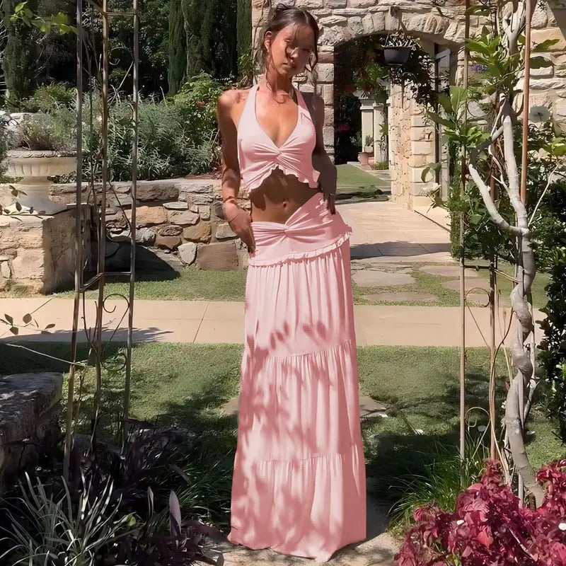 Backless Crop Top & Ruched Skirt Two Pieces Set Women's 2026 Summer & Fall New Clothes Sleeveless Halter Neck Top & Skirt Ladies Holiday Vacation Beach Lightweight Outfits Solid Color Skirt Suit