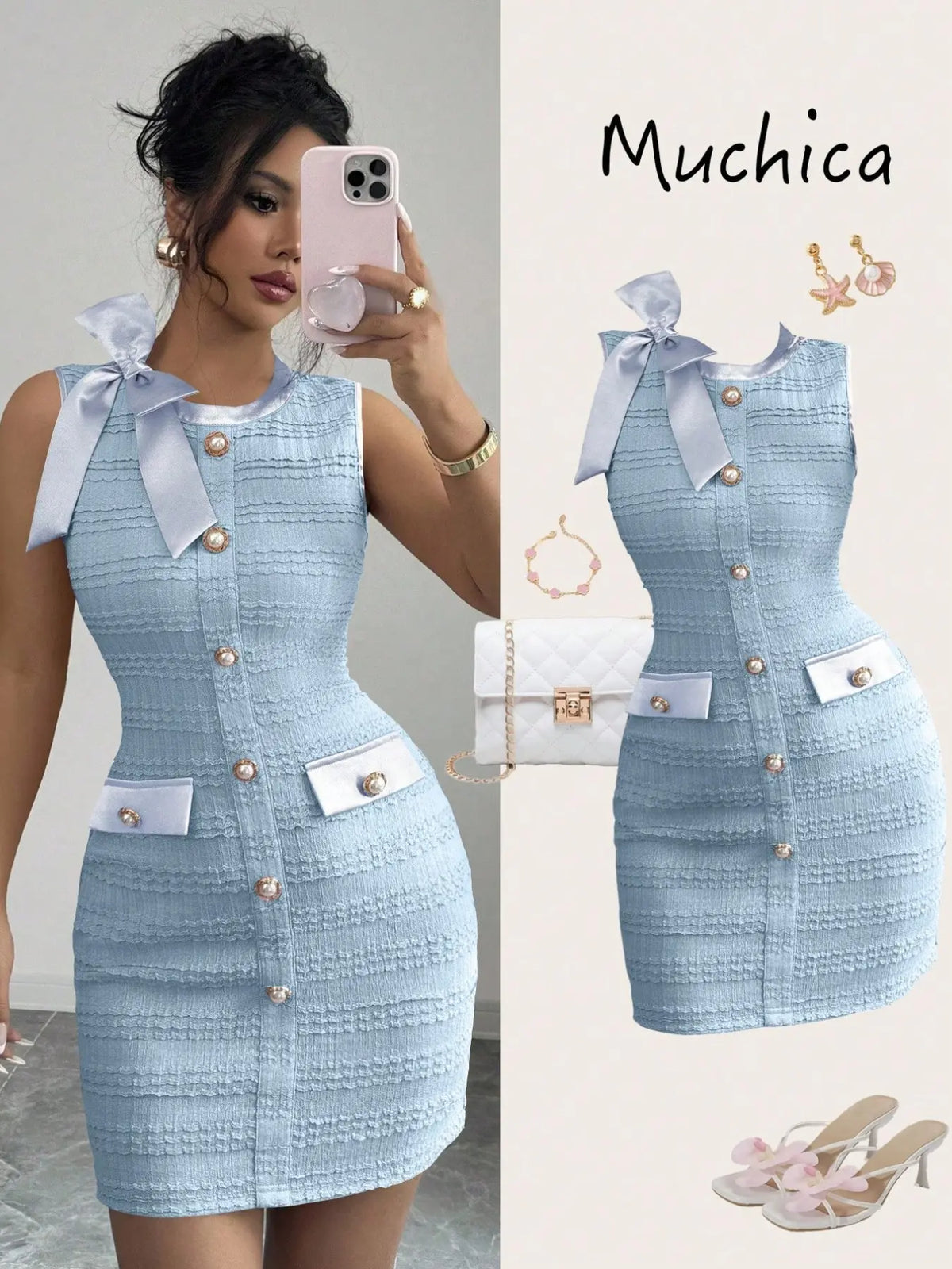 Women's Elegant Chic Formal Sleeveless Bodycon Short Dress, Satin Bow Decor, Pearl Metal Buckle, Perfect for Date, Romantic Occasions, Party, Womenswear