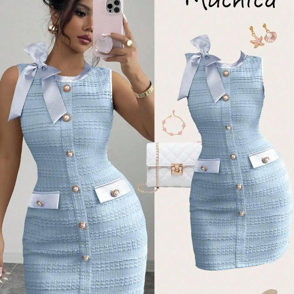 Women's Elegant Chic Formal Sleeveless Bodycon Short Dress, Satin Bow Decor, Pearl Metal Buckle, Perfect for Date, Romantic Occasions, Party, Womenswear