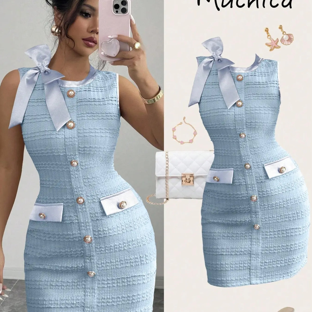 Women's Elegant Chic Formal Sleeveless Bodycon Short Dress, Satin Bow Decor, Pearl Metal Buckle, Perfect for Date, Romantic Occasions, Party, Womenswear