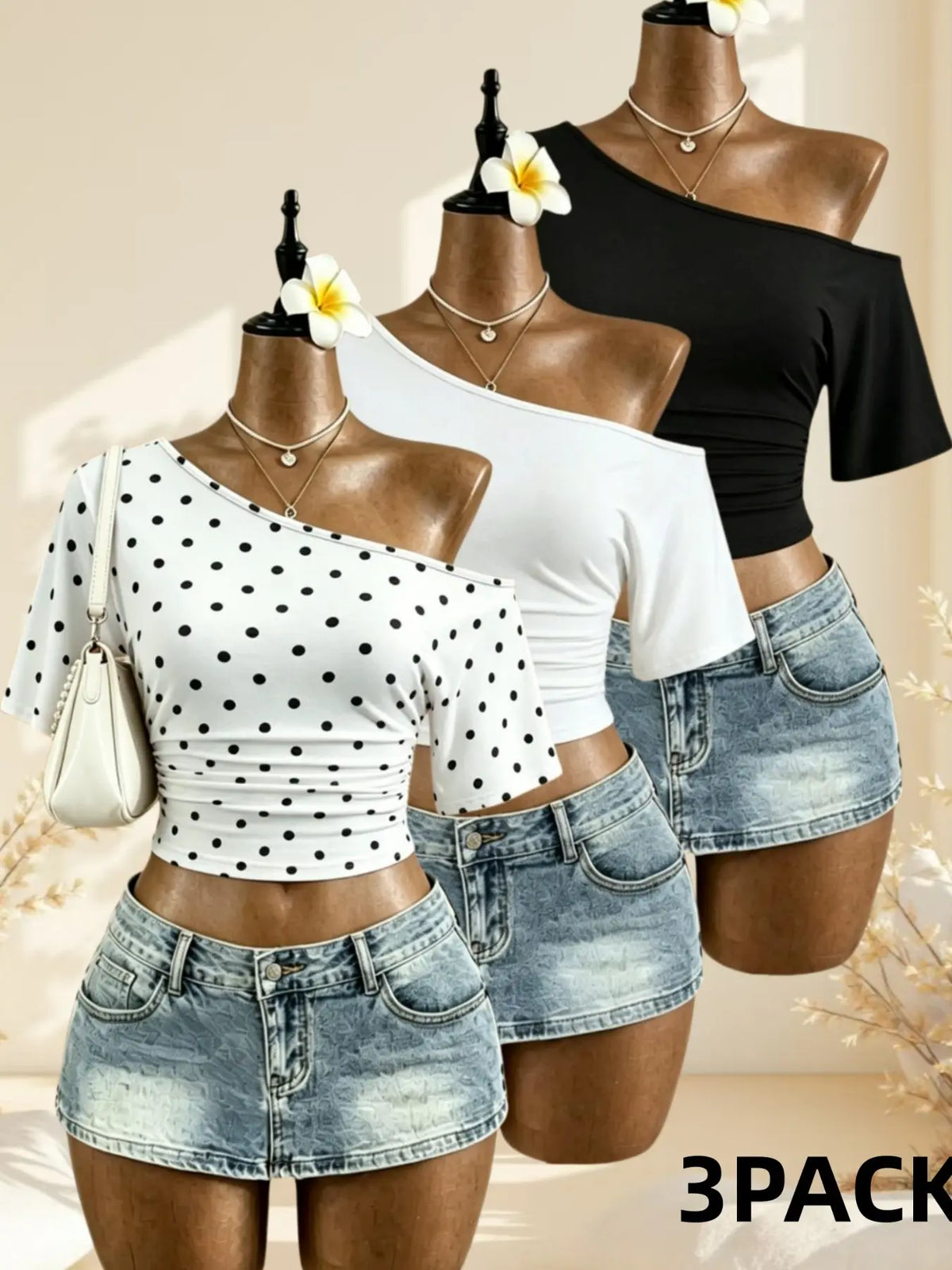 American Vintage Summer Asymmetrical Shoulder Pleated Short Sleeve Top, Polka Dot Solid Color Waist Cinch Slim Fit T-Shirt Set of Three