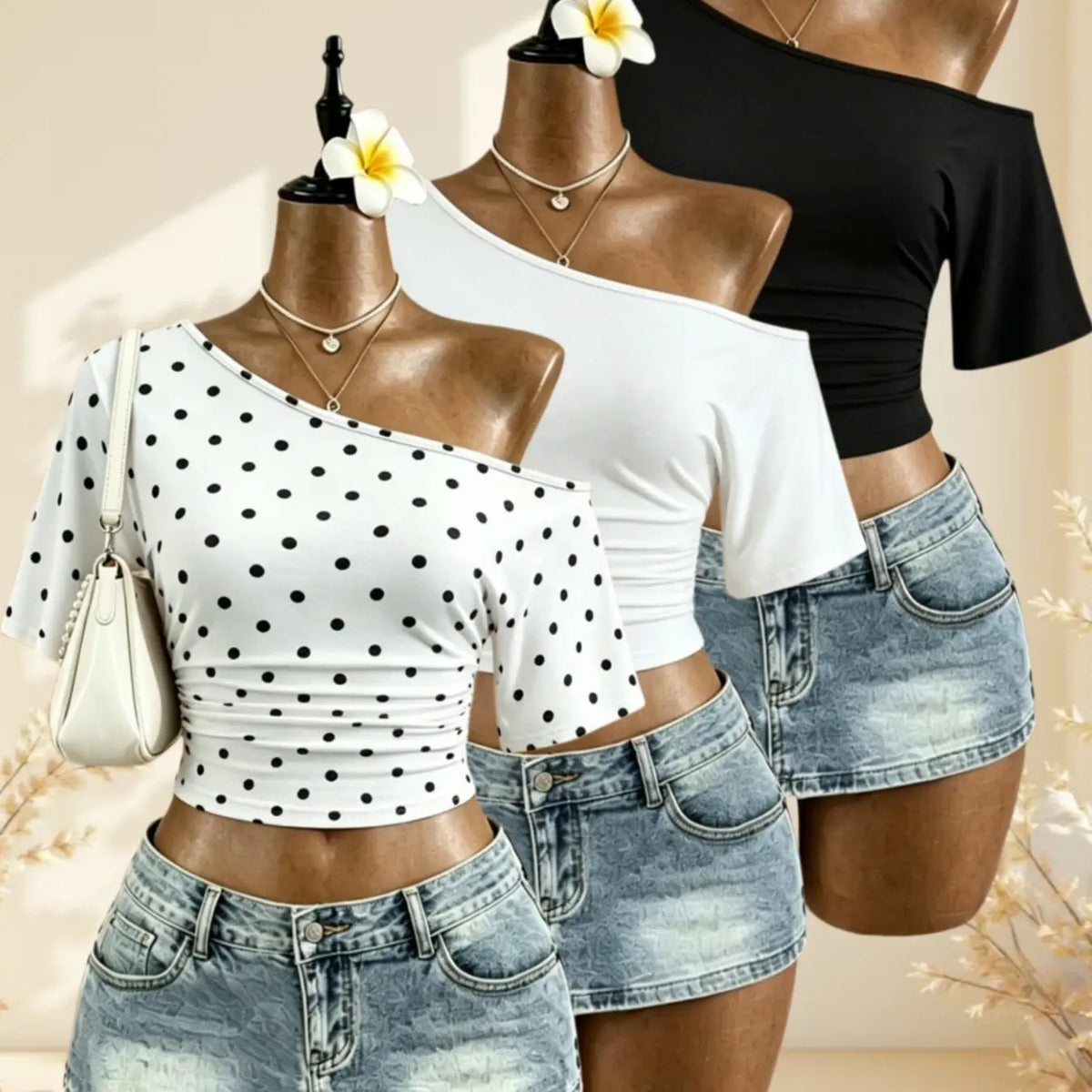 American Vintage Summer Asymmetrical Shoulder Pleated Short Sleeve Top, Polka Dot Solid Color Waist Cinch Slim Fit T-Shirt Set of Three