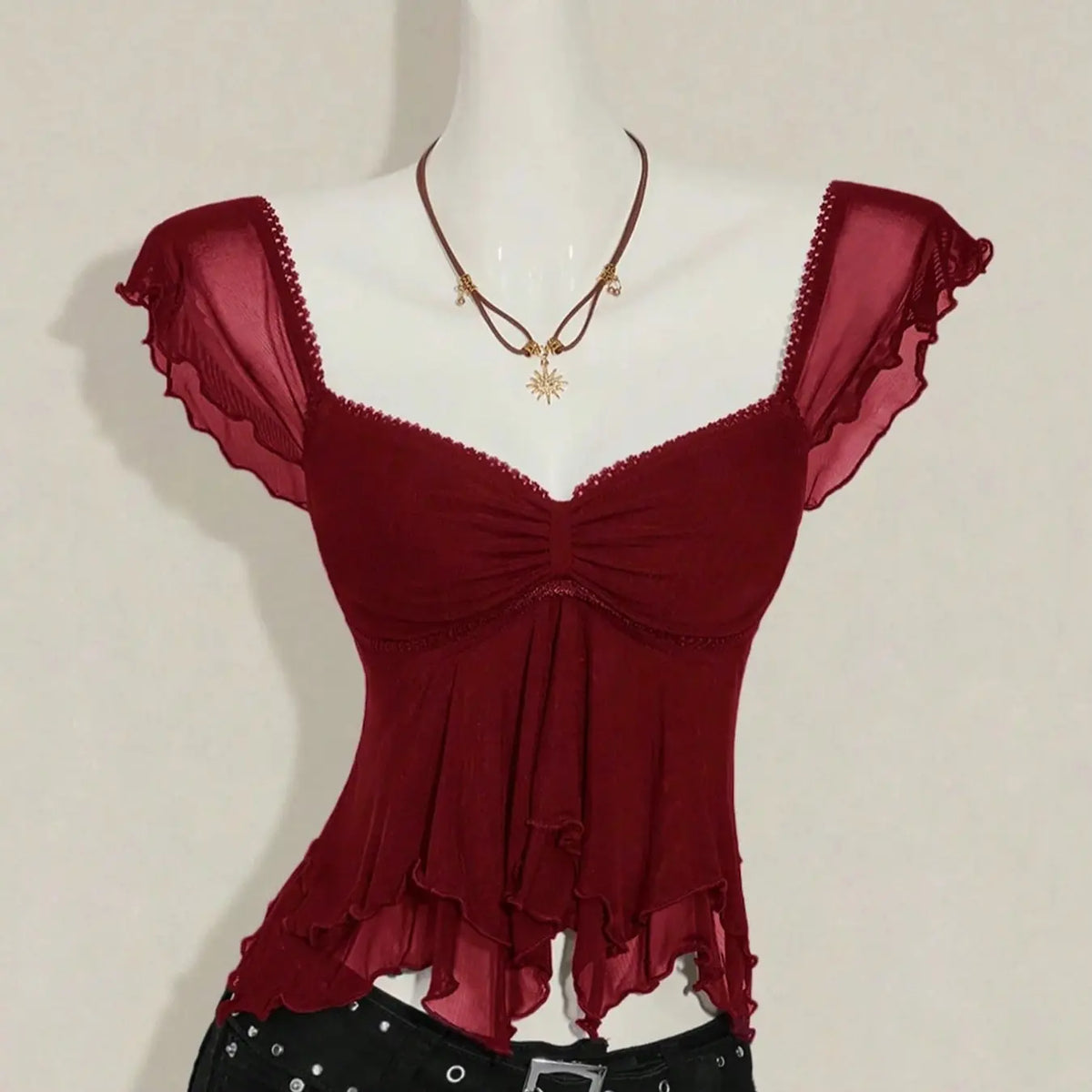 Burgundy Ruffled Sheer Mesh Babydoll Top, Y2K Sweetheart Neck Ruched Fitted Top for Women, Flowy Tiered Hem, Stretchy Fabric, Casual & Night Out Vibe