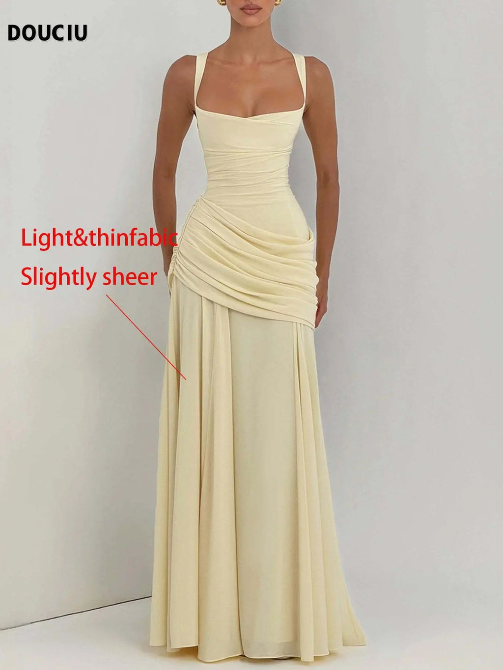 DOUCIU Spring Summer Thin Plain Semi-Transparent Long Dress Gowns, Elegant Pleated Chiffon A-Line Dress, Cross Back Maid Dress, Wedding Guest Evening Party Formal Dress, A Line Dresses