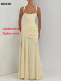 DOUCIU Spring Summer Thin Plain Semi-Transparent Long Dress Gowns, Elegant Pleated Chiffon A-Line Dress, Cross Back Maid Dress, Wedding Guest Evening Party Formal Dress, A Line Dresses
