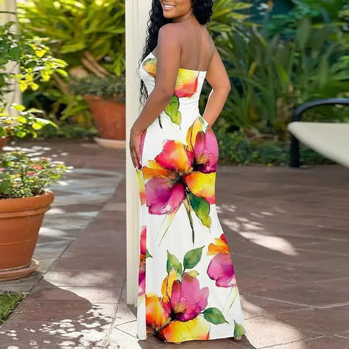 CHICME Women's Lady's Tube Style Vibrant Floral Print Woven Strapless Lightweight Skinny Bodycon Mermaid Maxi Dress - Comfortable, Shawl-Included, Casual Wear for Evening Resort Use