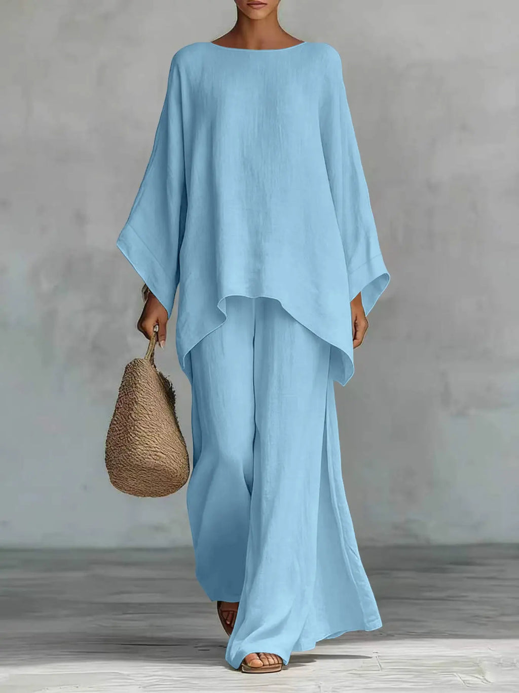 New Women's Simple Solid Loose-Fit Long Sleeve Blouse and Wide-Leg Pants Set, Baggy, Comfortable Casual Outfit, Perfect for Daily Wear, Stylish, Trendy and Elegance Two-Piece Set