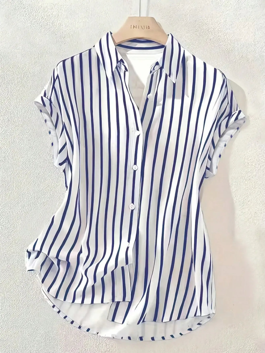 Women's Summer Striped, Single-Breasted Drop Shoulder Short Sleeve Shirt, Loose Tops, High-Low Hem Polyester Colorblock Button-Front Top