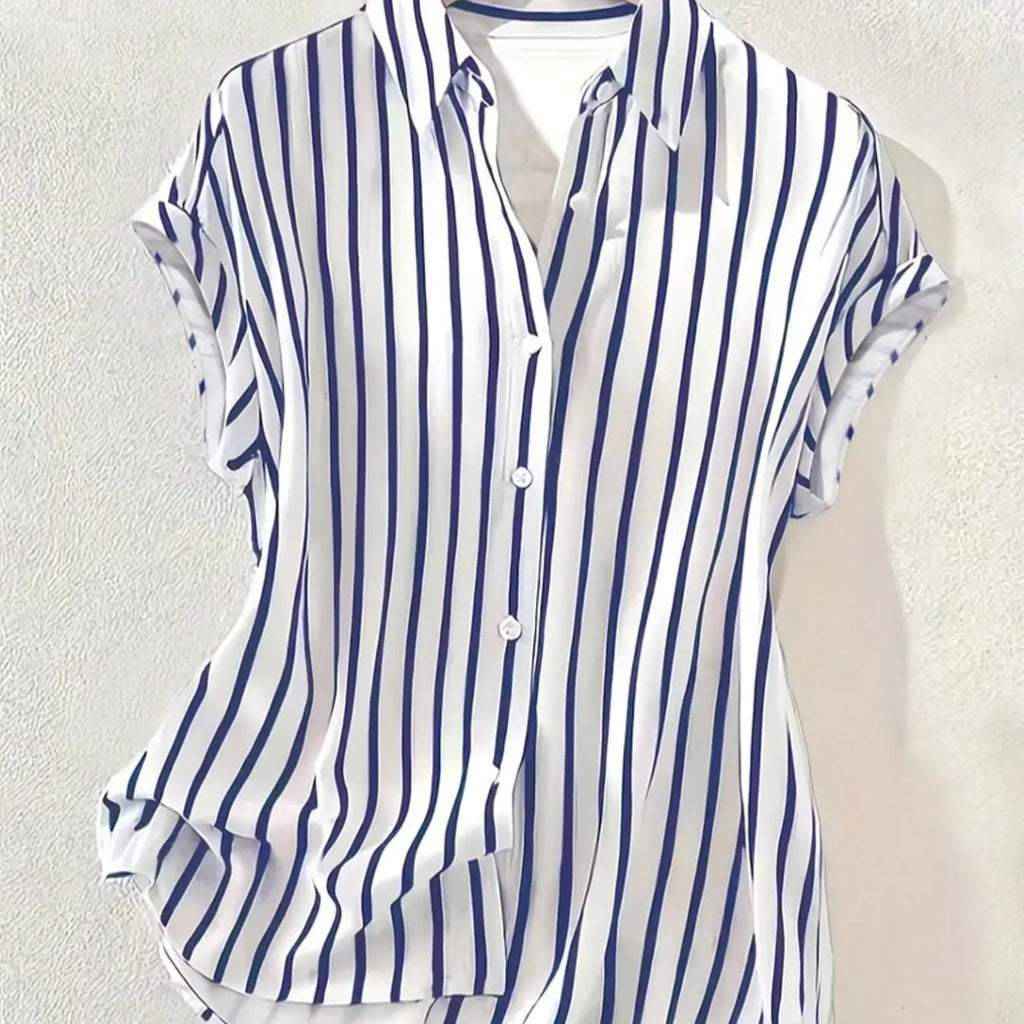 Women's Summer Striped, Single-Breasted Drop Shoulder Short Sleeve Shirt, Loose Tops, High-Low Hem Polyester Colorblock Button-Front Top