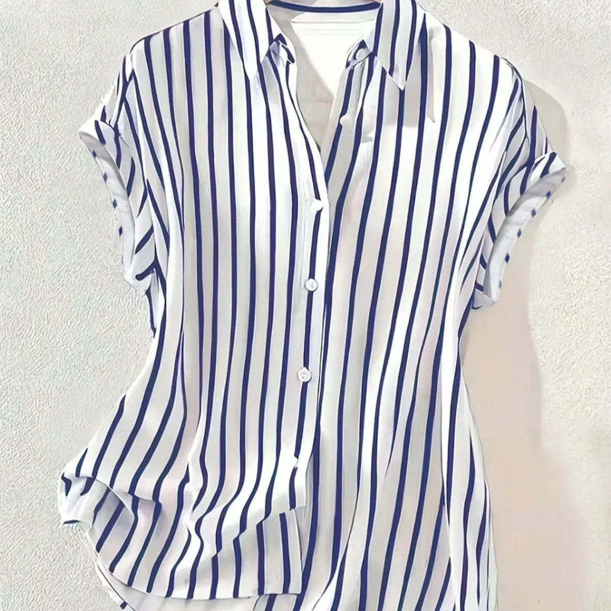 Women's Summer Striped, Single-Breasted Drop Shoulder Short Sleeve Shirt, Loose Tops, High-Low Hem Polyester Colorblock Button-Front Top