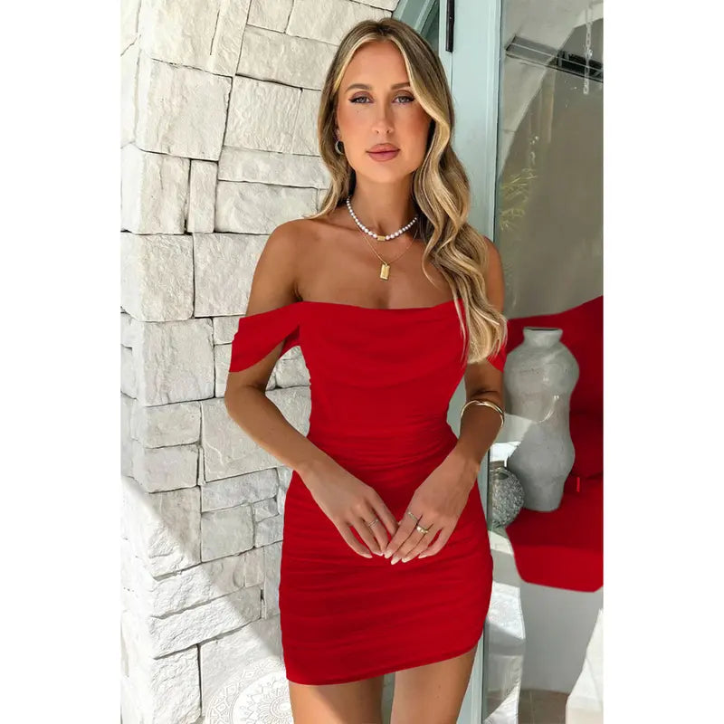 OYS Women's Sleeveless Off Shoulder Ruched Bodycon Trendy Mini Party Dress