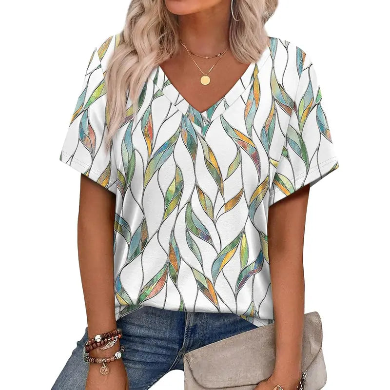 WIHOLL Women's 2026 Summer Basic Trendy Blouses - V-Neck Shortsleeve Lightweight Digital Print 12 Top, Stylish Dressy Casual Vacation Outfit, Women's Clothing