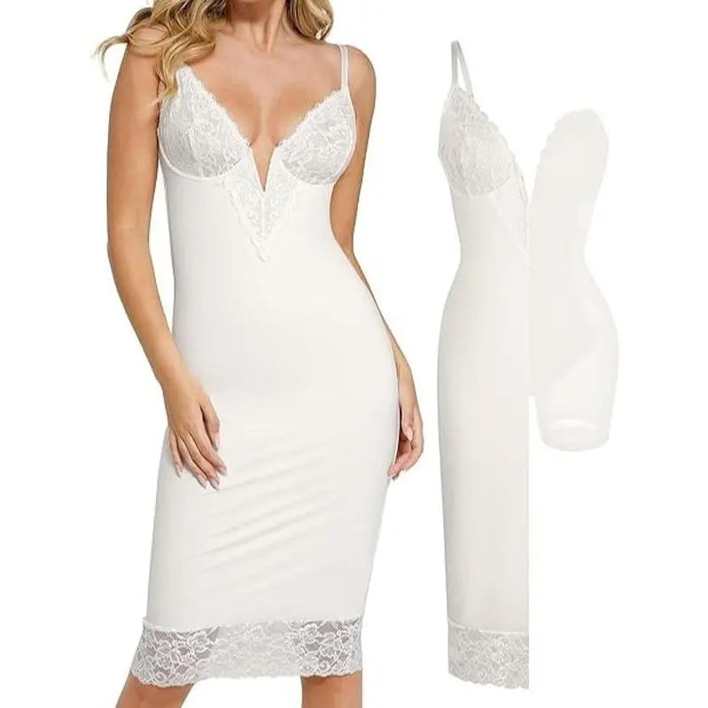 Popilush Lace Bodycon Dress Deep V-Neck Spaghetti Strap Shapewear Women Tummy Control Cocktail Party Elegant Floral
