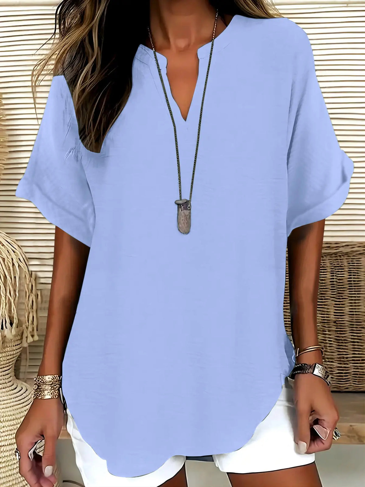 Women's Simple Basic Vintage Elegance Solid V-Neck Short Sleeve Batwing Shirt Blouses, Casual Loose-Fitting Lightweight Pullover, 100% Polyester, All Seasons Fashion Top Minimalist, Casual Daily Tops