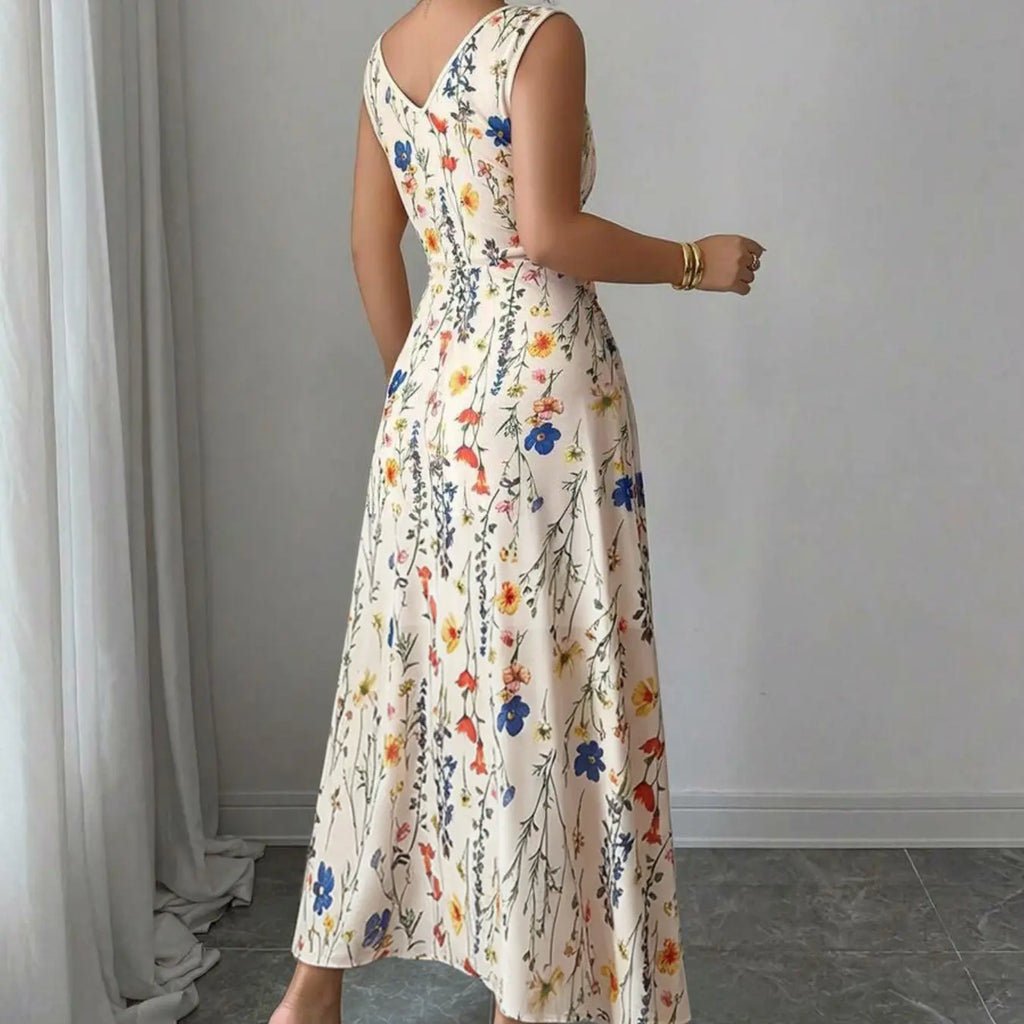 Women's Elegant Boho Floral Print Lightweight Mesh A-Line Dress, Sleeveless Adjustable Drawstring Design Long Formal Party Gown, Comfortable Office Wear, Chic Evening Dress, Versatile Daily Wear