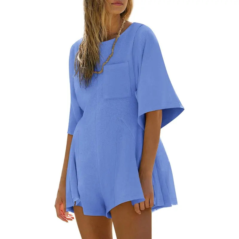 Imily Bela Rompers for Women Spring Outfits Summer Casual Short Sleeve Crew Neck Loose Jumpsuits with Pocket