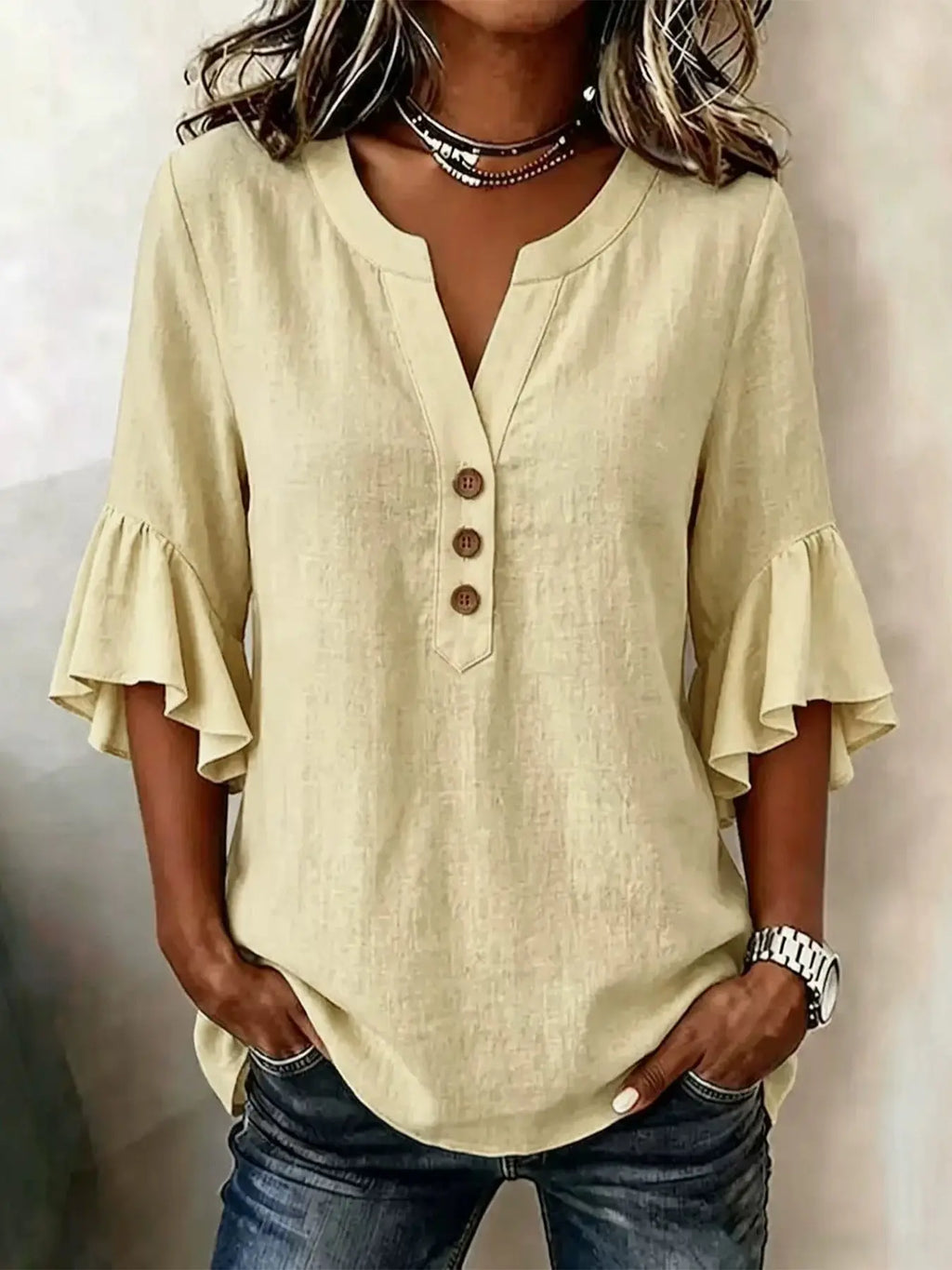 Women's V-Neck Solid Color Button Front Casual Loose Ruffle Sleeve T-Shirt, Fashionable Leisure Top, Stylish and Comfortable, Ruffled, Everyday