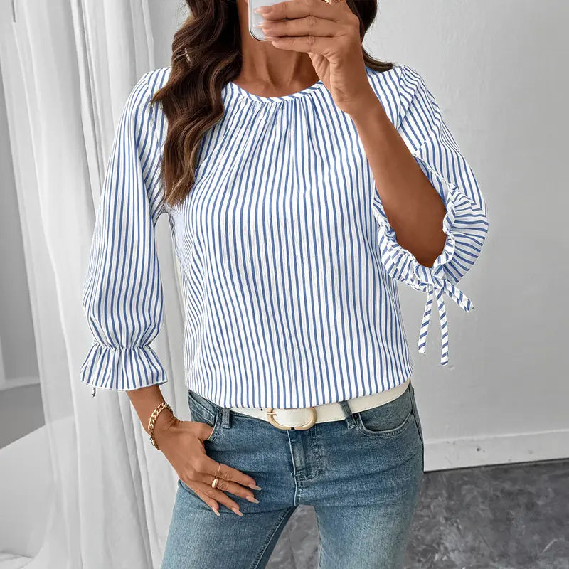 Shewin Women's Striped Pullover Blouse - Lady's Scoop Neck Top with 3/4 Tie Flare Sleeves, Back Buttons, Long Sleeve Option, for Daily OOTD Ideas | Women's Tops and Blouses, Shirts