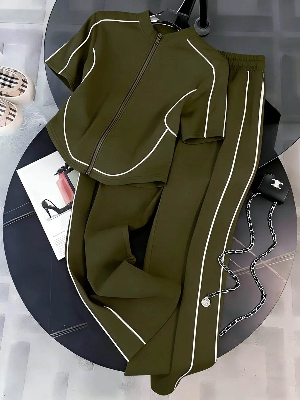 Women's Spring Summer Casual Set Two-Piece Slim Fit Zipper Top & Long Pants, Perfect for Daily Wear, Outdoor, Formal & Casual Suits, Clothing Sets