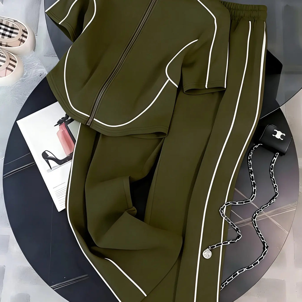 Women's Spring Summer Casual Set Two-Piece Slim Fit Zipper Top & Long Pants, Perfect for Daily Wear, Outdoor, Formal & Casual Suits, Clothing Sets