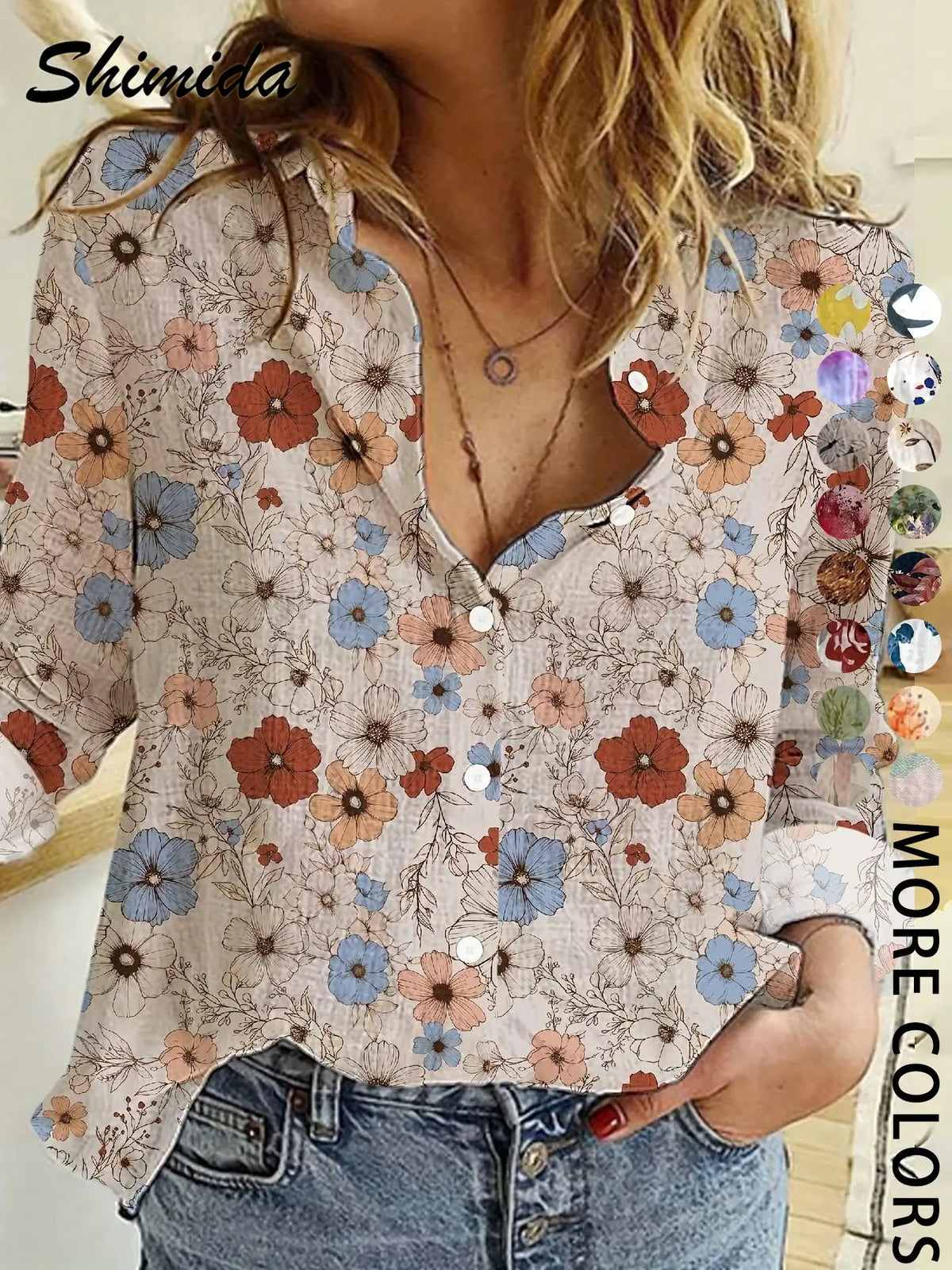 Women's Four-Season Button-Up Shirt, Digital Floral Print Long Sleeve Basic Blouse, Casual Vacation Lapel Boho Cottagecore Blouse, Soft Tops for Casual Daily Wear, Boho Style Shirt