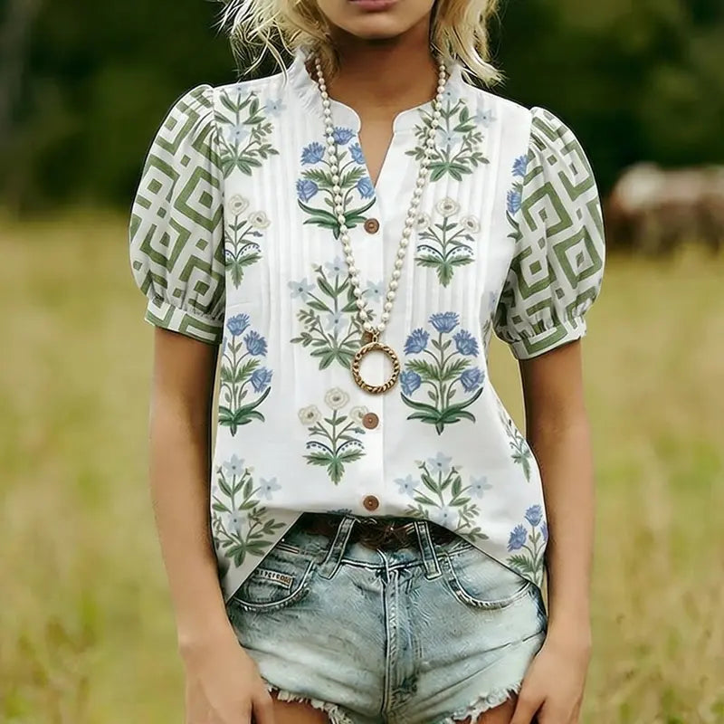 Cherrybetty 100% Cotton Mixed Floral Print Ruffle Neck Puff Sleeve Top Spring Fashion Tiktok Shop Spring Glow Up Summer Blouse Outfit Inspo Going Out Tops