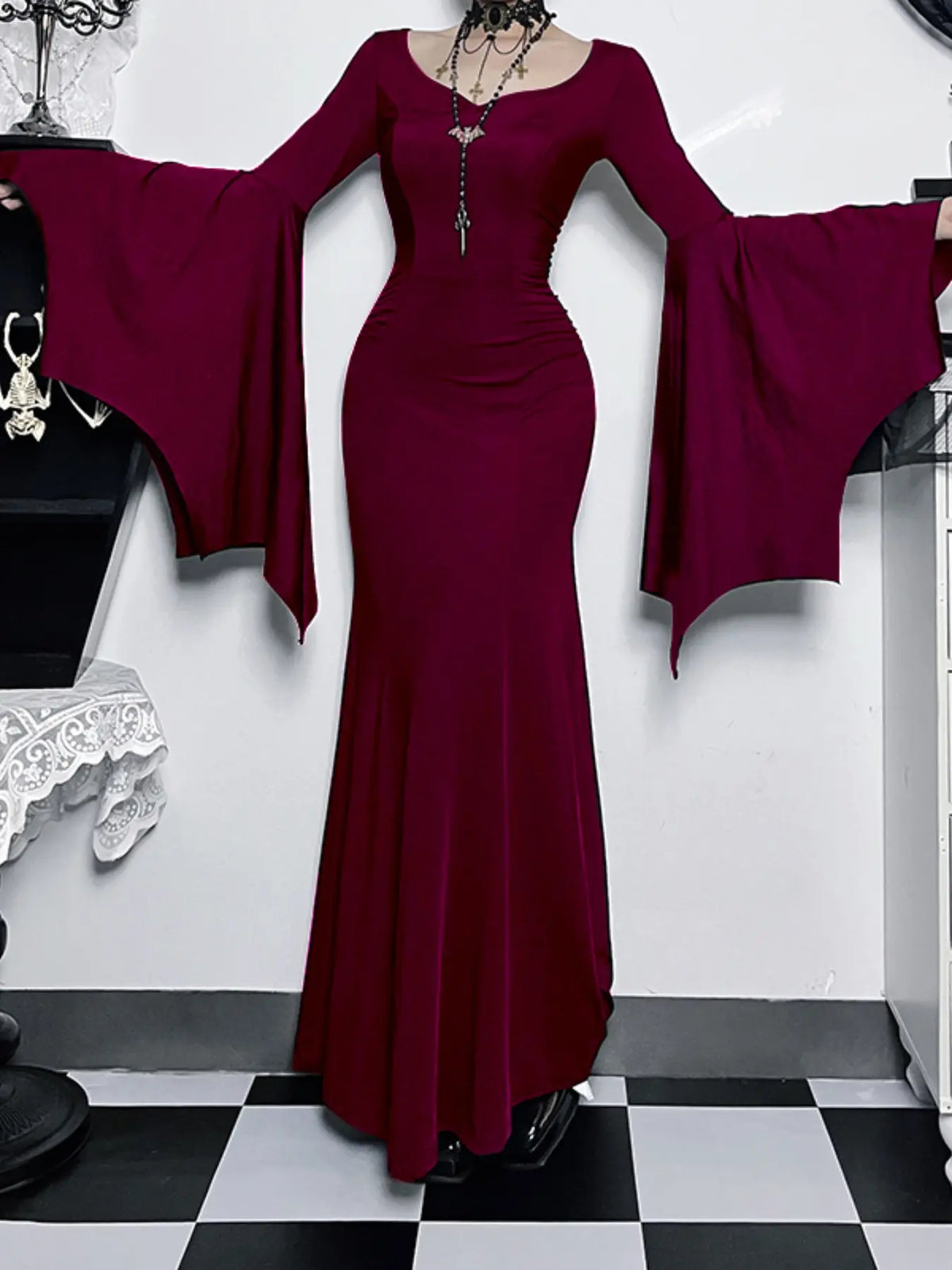 Women's Solid Color Ruched Mermaid Maxi Bodycon Fitted Dress, Chic Elegant Formal Sweetheart Neck Batwing Long Sleeve Evening Party Gown, Fall & Winter Clothes, Womenswear