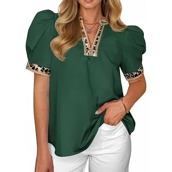 TANKANEO Women's Elegant Chic V-Neck Puff Sleeve Polyester Blouse - Dressy Tops for Coffee, Party, Summer, Loose Fit with Floral or Leopard Prints, Blouses for Women