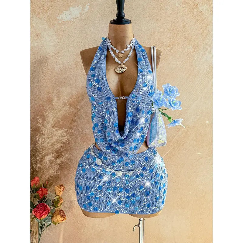 2pcs Fitted Shiny Fringe Sequin Drape Neck Camisole And Mini Skirt Set, Suitable For Music Festivals, Parties