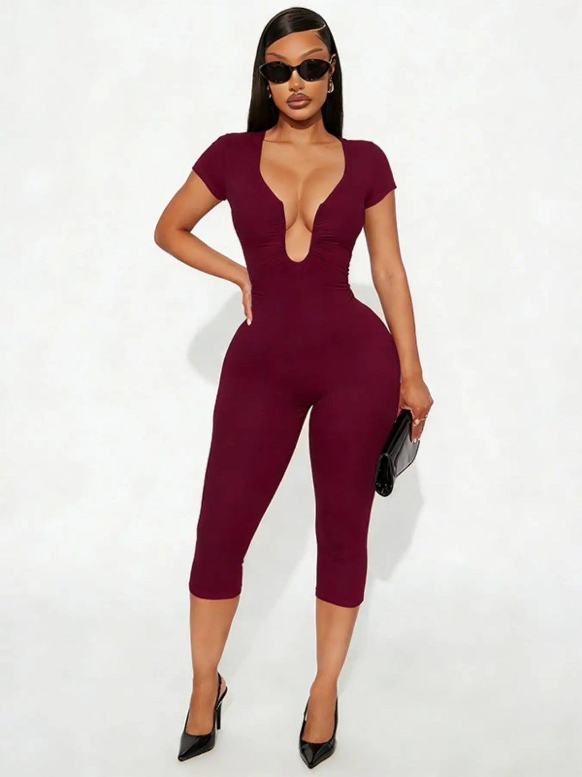 Women's Basic Solid Color U Neck Jumpsuit, Casual Slim-Fit Capri Jumpsuit for Daily Wear, Summer Fashion Womenswear