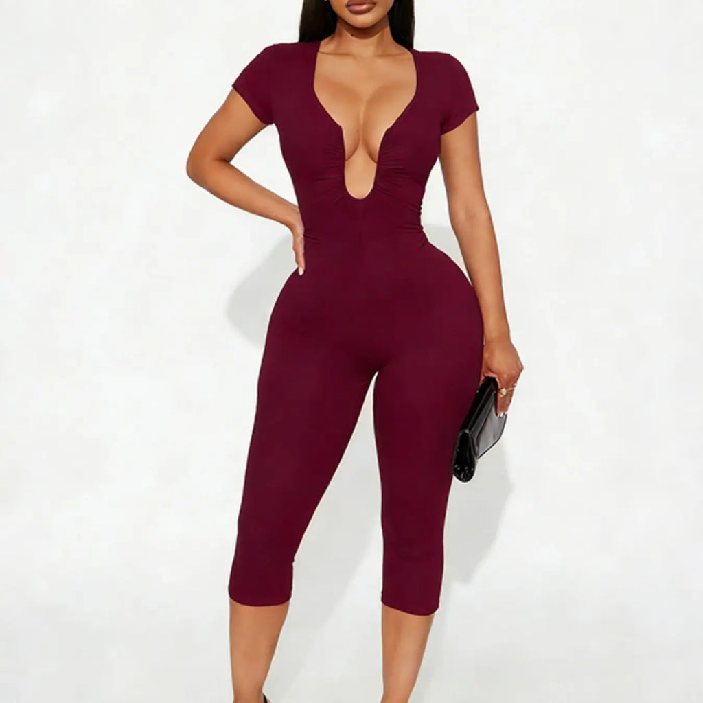 Women's Basic Solid Color U Neck Jumpsuit, Casual Slim-Fit Capri Jumpsuit for Daily Wear, Summer Fashion Womenswear