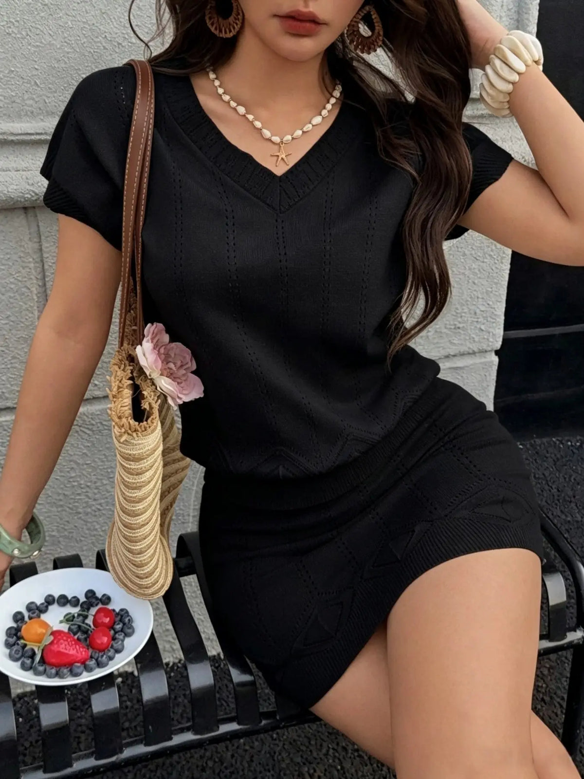 Two-Piece Women's Summer Clothes Set, V-Neck Hollow Out Cutout Top, Short A-Line Skirt, Slim Fit, Casual Elegant Chic Style, Knitwear for Vacation, Skirt And Top Set