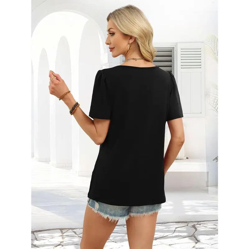 WIHOLL Women's Striped Short-Sleeve Boat Neck Blouse - Elegant Dressy Casual Loose-Fit Top with Button Detail, Soft Stretch Polyester Blend, Chic Aesthetic Blouses & Shirts, Check Size Chart, Back-to-School Outfits