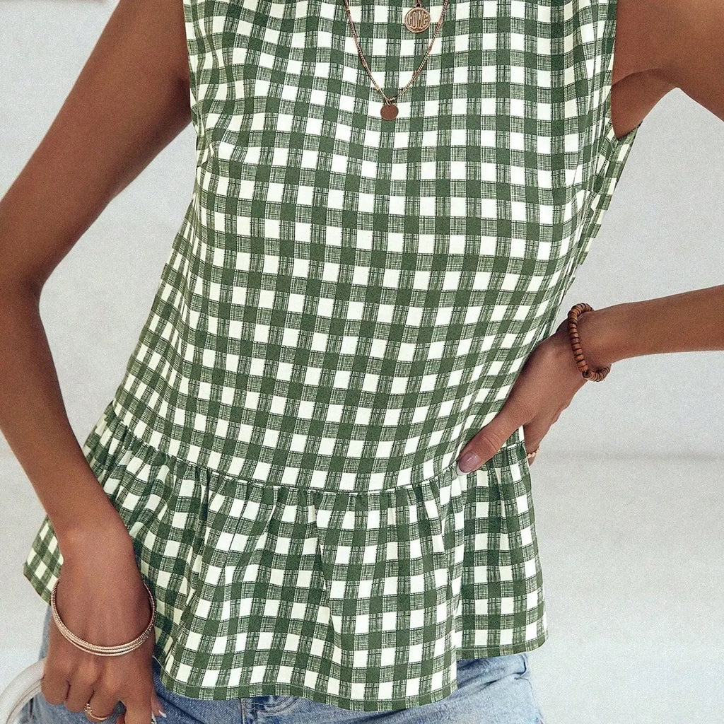 Women's Casual Aesthetic Green Plaid Print Sleeveless Top, Summer Tops Trendy Commute and Vacation Essential, Ruffled Hem Design, Perfect for Everyday Wear