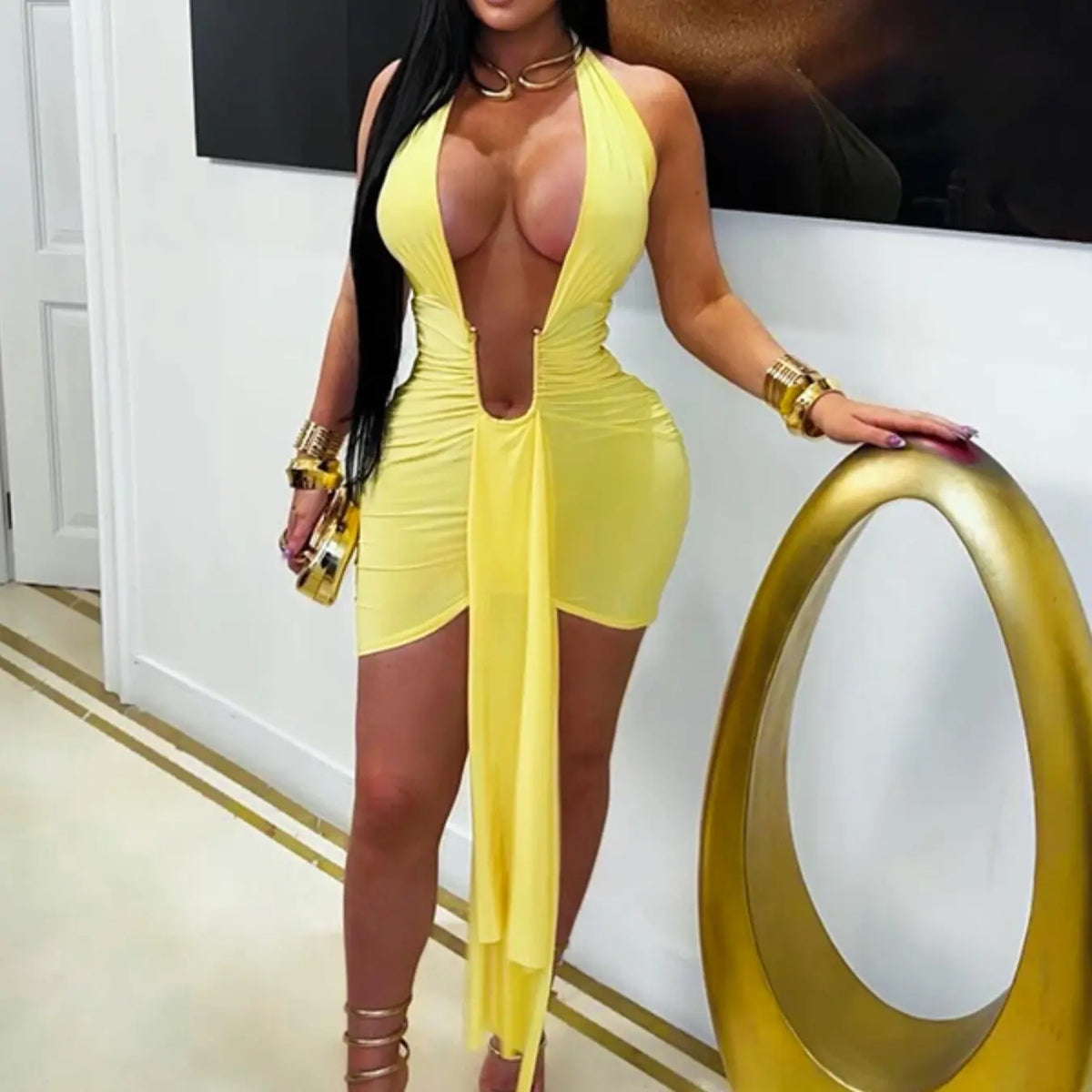 Women's Deep Plunge Halter Bodycon Dress with Metal Ring, Sexy Party Dress for Nightclubs, Music Festivals, and Cocktail Parties, Fit