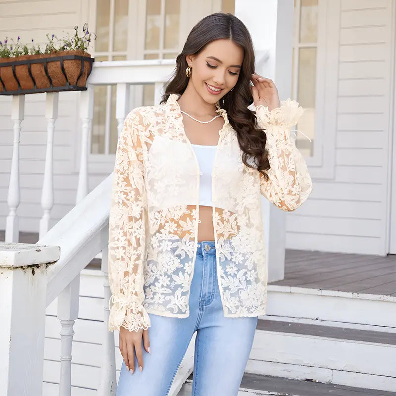 Chicovar Women's  Floral Lace Sheer Blouse, Long Sleeve Button Front Mesh Top with Drawstring Cuffs, Lightweight Romantic Overlay Shirt,Perfect for Date Night, Party, Casual, or Vacation, Summervibes